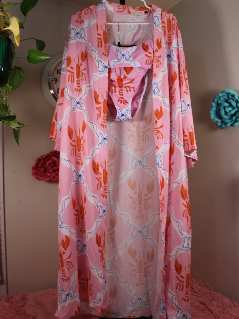 Nice To Meet You Pink Lobster Print 3 Piece Swim Set Cover Up Bikini Size L